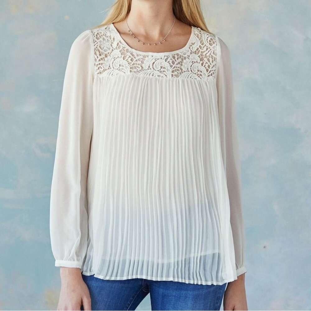 Sundance Guinevere Top White Long Sleeve Lace Pleated Blouse Size L Romantic